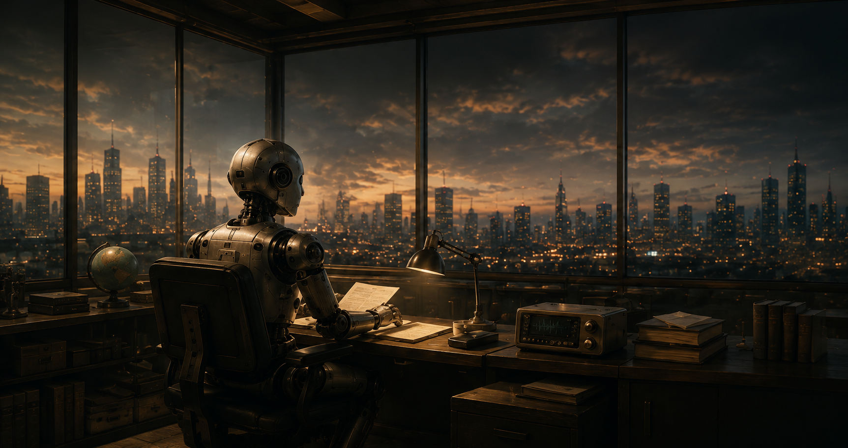 AI editorial newsroom overlooking a technology city skyline